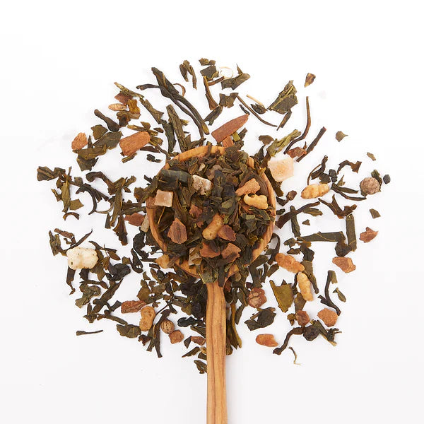 Organic Genmaicha tea with toasted rice, coconut, and papaya, handpicked in Kenya