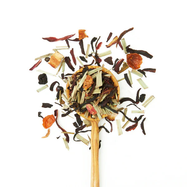 Organic Purple Rain tea with tropical passion fruit, lemongrass, hibiscus, and apple