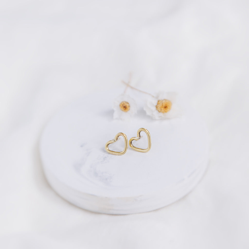 Hand-Hammered Earrings | Heart Stud | Gold Brass | Handmade in Kenya.