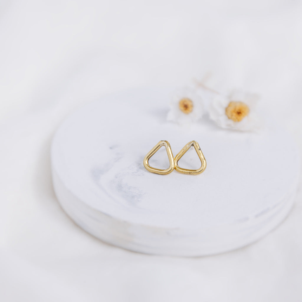 Hand-Hammered Earrings | Small Wire Rough Triangle Stud | Gold Brass | Handmade in Kenya