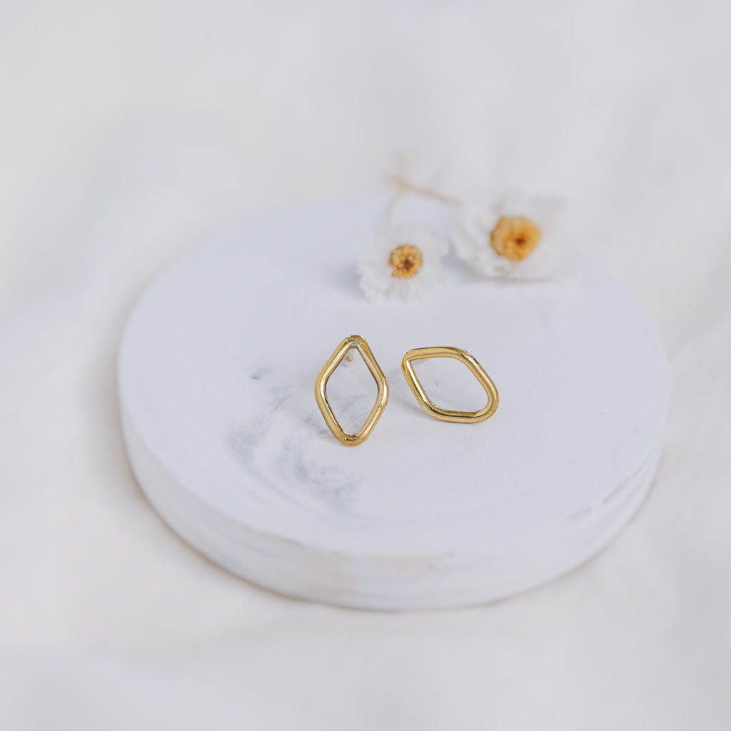 Hand-Hammered Earrings | Small Wire Smooth Diamond Stud | Gold Brass | Handmade in Kenya
