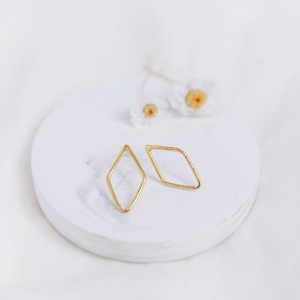 Hand-Hammered Earrings | Medium Wire Beveled Diamond Stud | Gold Brass | Handmade in Kenya