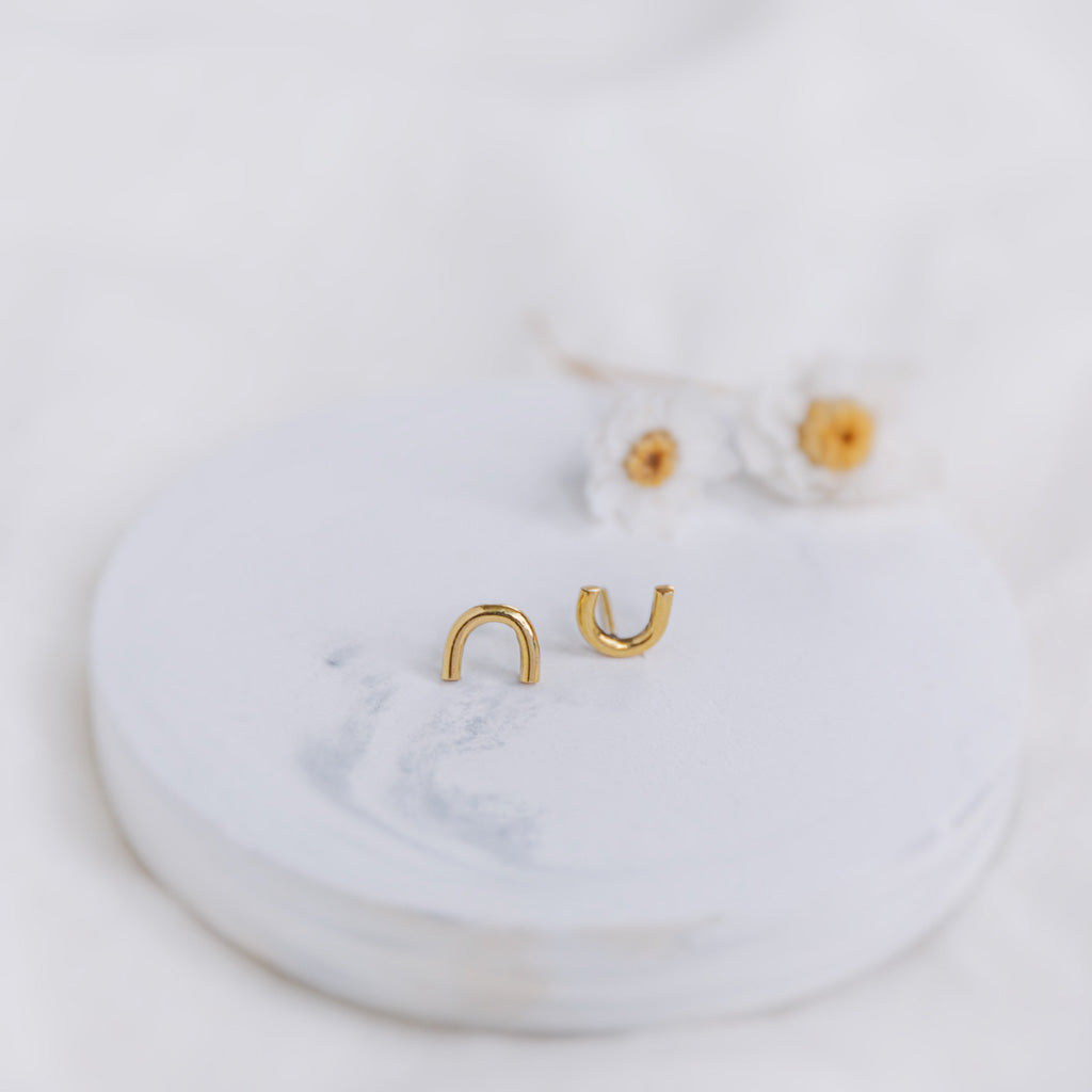 Hand-Hammered Earrings | HorseShoe Studs | Gold Brass | Handmade in Kenya