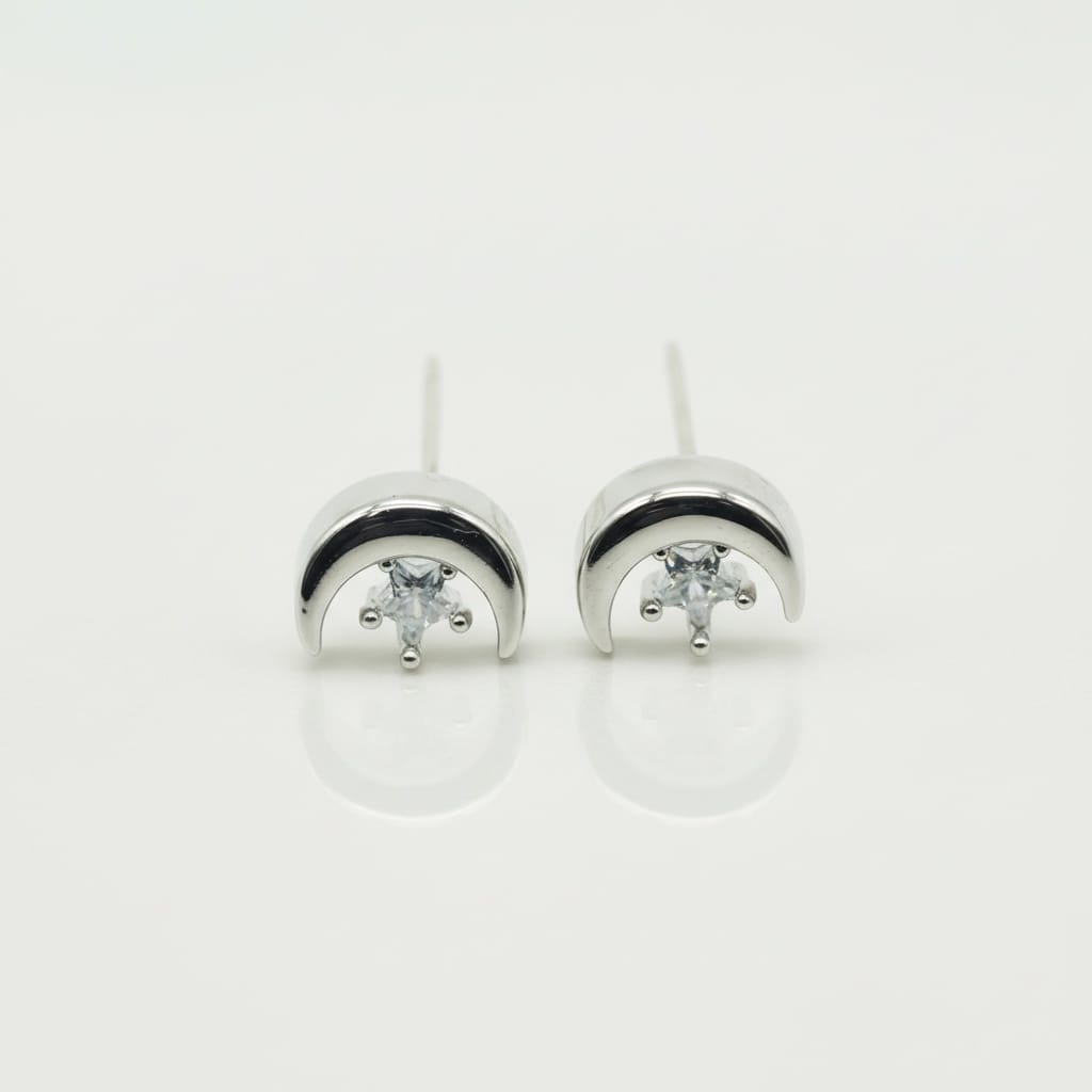 Moon & Star Cubic Earrings — Silver Studs
